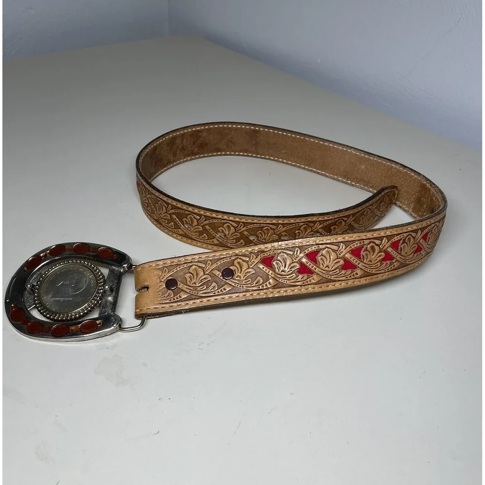 Vintage Western Leather tooled  belt horseshoe USA Dollar Coin  Buckle Sz 32